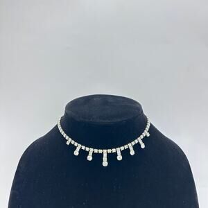 Vintage Rhinestone Necklace Clear MCM Elegant Silver Tone Costume Jewelry